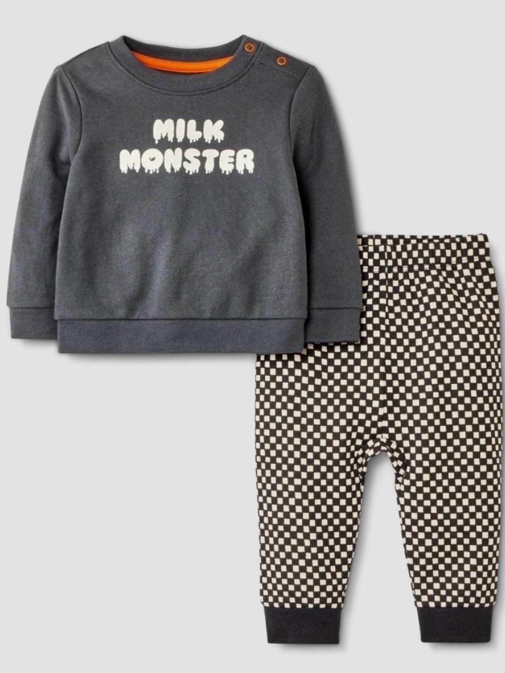 18M Halloween Gray "Milk Monster" Cozy Sweatshirt & Checker Leggings